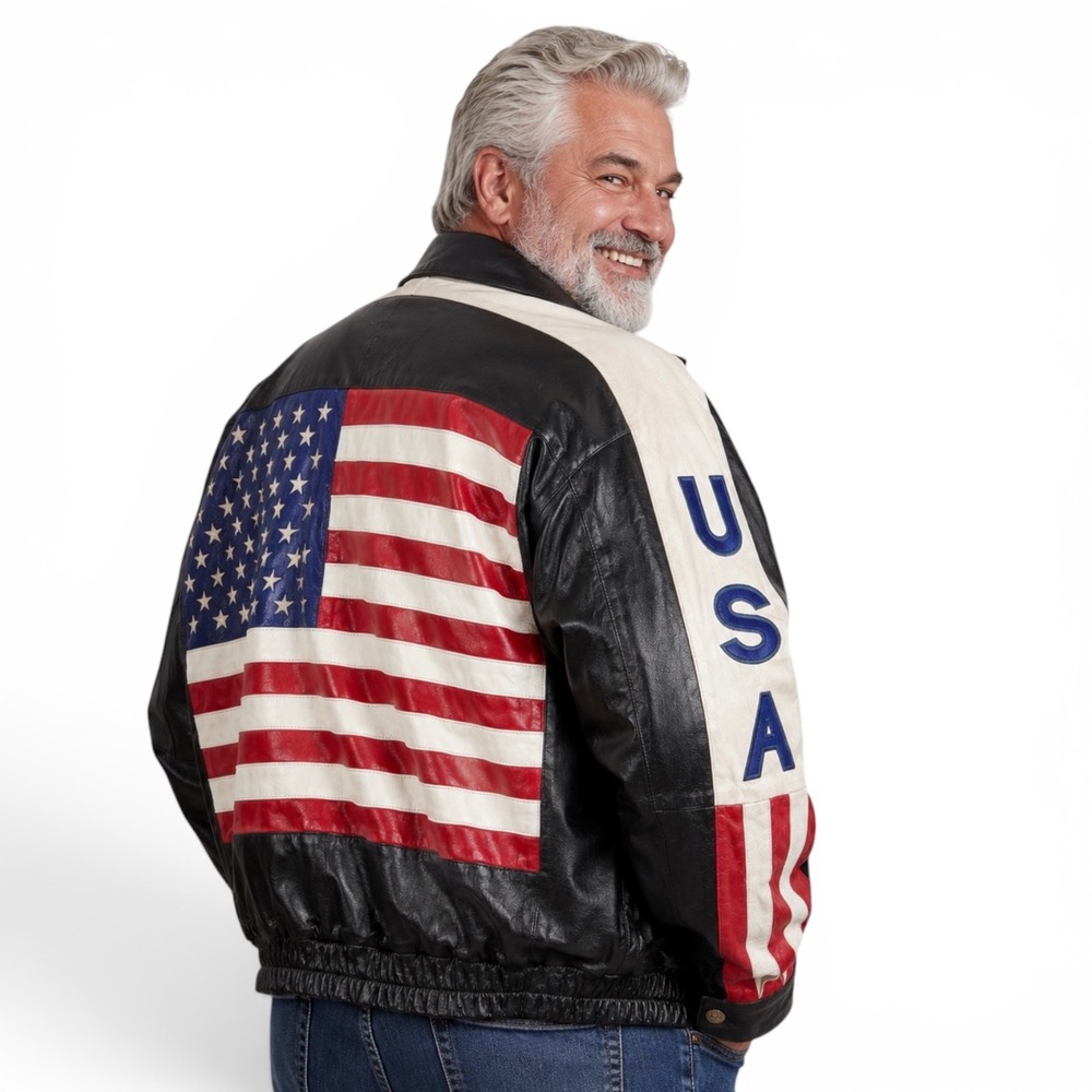 Oscar Piel Mens XXL Leather Bomber Jacket‎ USA American Flag Patriotic Black Vtg